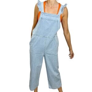 White Label Korea 100% cotton light wash denim wide leg ruffle crop overalls S